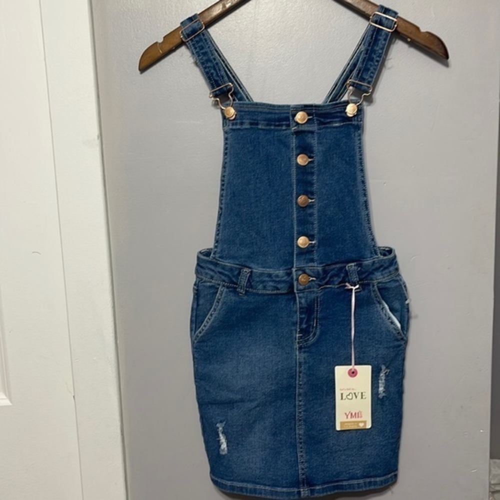 YMI Size 8 Skirtall Kids Blue New Distressed Button Front Denim Pinafore‎ Dress